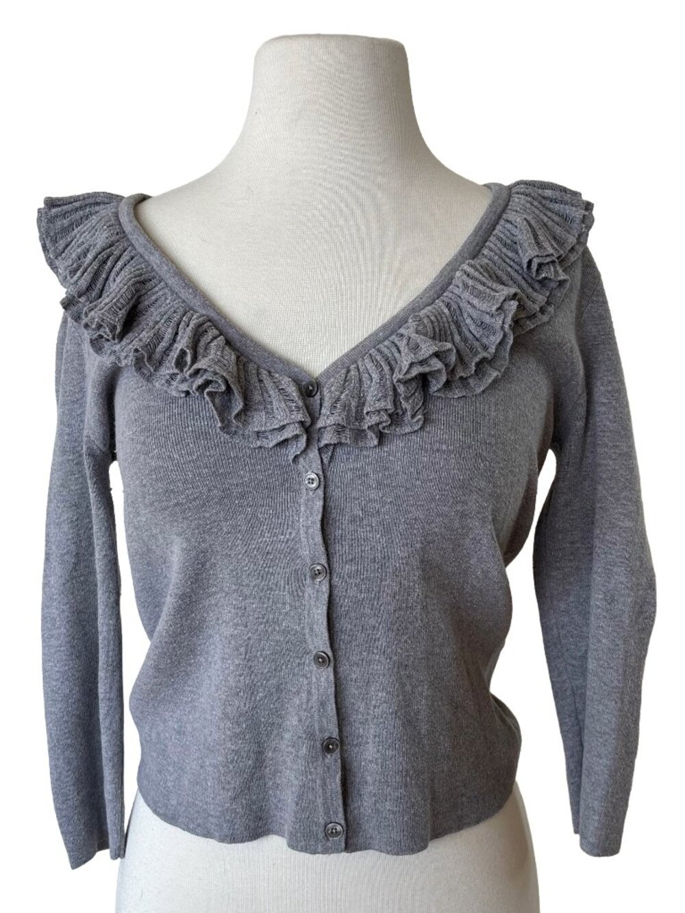 Talbots Womens Grey Ruffle Hem Button Down Knit Cardigan Sweater Size S Cropped